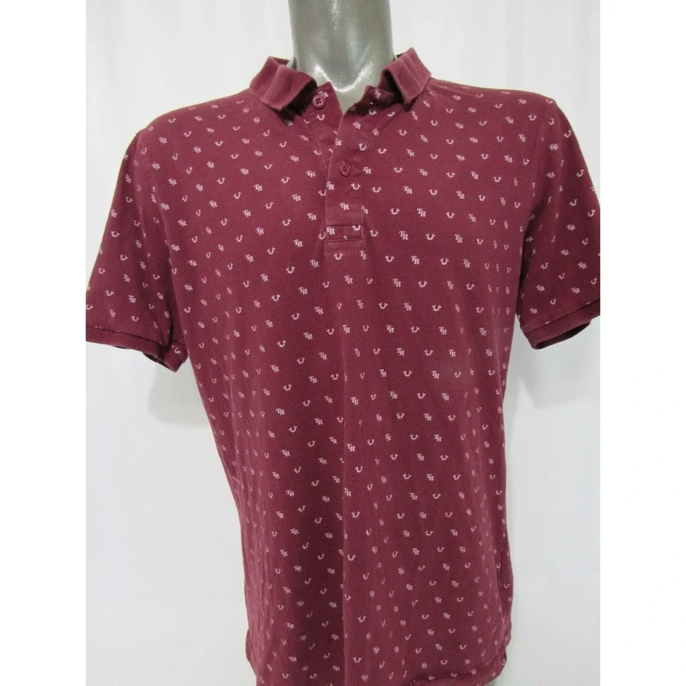 Vintage True Religion Monogram Burgundy Polo Shirt Sz L 100% Cotton Distress